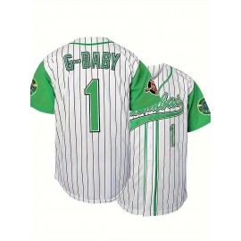 Men'S #1 Striped Baseball Jersey, 100% Polyester V-Neck Short Sleeve T-Shirt with Lettering, Breathable Knit Fabric for Sports & Casual Wear, Loose Fit Button-Up Top for All Seasons