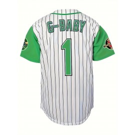 Men'S #1 Striped Baseball Jersey, 100% Polyester V-Neck Short Sleeve T-Shirt with Lettering, Breathable Knit Fabric for Sports & Casual Wear, Loose Fit Button-Up Top for All Seasons