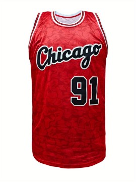 Mens #91 Red Basketball Sports Jersey, Breathable Sleeveless Pattern Embroidery Sweatshirt Training Competition Sports Uniforms Suitable for Summer