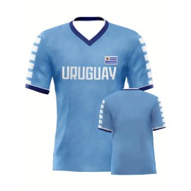 Men'S URUGUAY Embroidery Football Jersey T-shirt - Breathable V-Neck Pullover Short Sleeve Uniform for Soccer Training, Competition, Perfect for Party Events