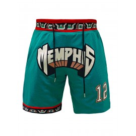 Men'S #12 Letter Embroidery Fashion Stretch Sports Shorts, Breathable Quick Drying - Ideal For Basketball, Running, Tennis, Golf, Beach, Outdoor Activities