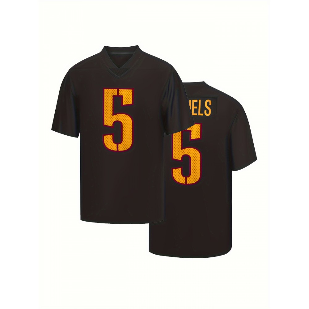 Men'S Black # 5 Breathable Rugby Shirt, Sports V-Neck Short Sleeved Training Shirt, Classic Embroidered American Rugby Shirt