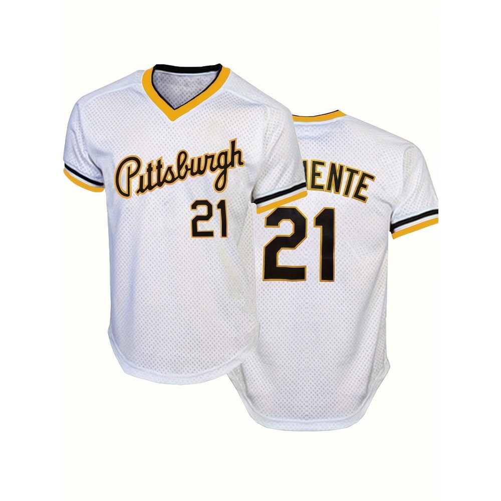 Men's Pittsburgh #21 Baseball Jersey - Retro V-Neck Breathable Short Sleeve Shirt, Loose Fit for Training, Competition & Casual Wear, All-Season Machine Washable Sportswear, Quality Sportswear