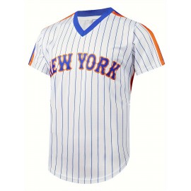 Letter And Number 18 Embroidery, Men'S Striped Short Sleeve V-neck Baseball Jersey, Comfy Top For Training And Competition