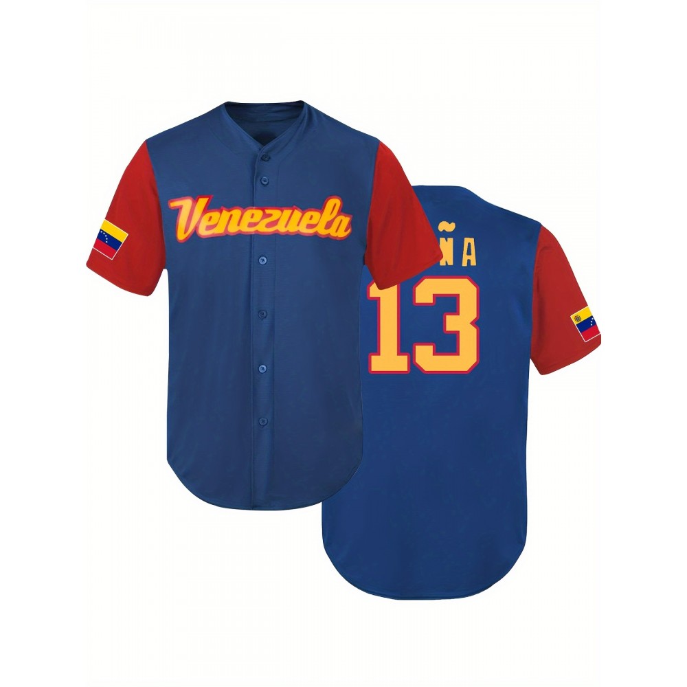 Men'S Number 13 & Venezuela Embroidery Color Block Baseball Jersey, Classic Breathable Short Sleeve T-Shirt For Training Competition