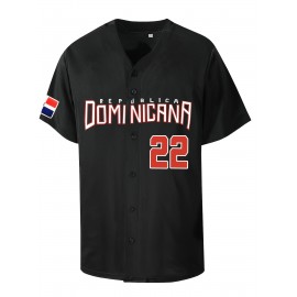Men'S #22 Black Baseball Jersey - Retro Design with Bold Dominican Lettering, Breathable Short Sleeve T-Shirt for Training & Competition, Casual Summer Wear, All-Season Comfort, Everyday Baseball | Retro Style Shirt | Comfortable Fi
