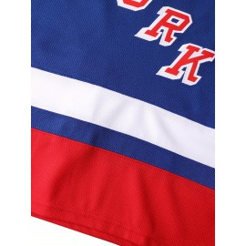 Men's #99 Blue Ice Hockey Jersey - Breathable Vintage Embroidered V-Neck Captain's Jersey with Striped Accents, Loose Fit for Sports, Casual & Outdoor Wear | All-Season Comfort, Machine Washable, Sports Comfort Clothing, Embroidered Detailing