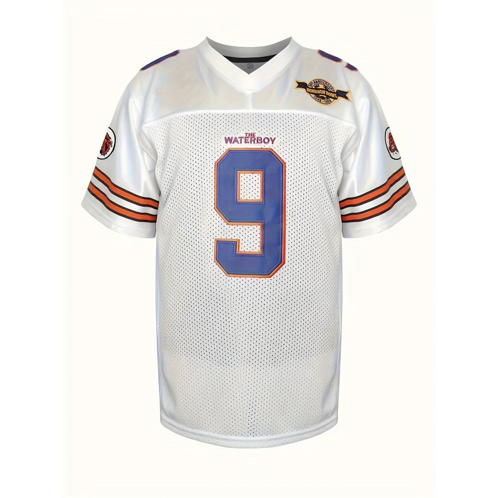 Men's White # 9 Embroidered Rugby Jersey, Activity Breathable V-neck Short Sleeved Uniform American Football Shirt, Used For Training Matches, Festivals, Parties, Outdoor Sports