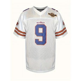 Men's White # 9 Embroidered Rugby Jersey, Activity Breathable V-neck Short Sleeved Uniform American Football Shirt, Used For Training Matches, Festivals, Parties, Outdoor Sports