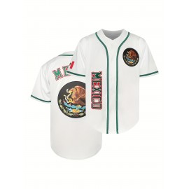1pc Men'S Polyester V-Neck Baseball Jersey with Embroidered Mexican Design, Loose Fit Button-Up Top for Casual, Sports, Training, Hiking & Outdoor Activities, All-Season Comfort