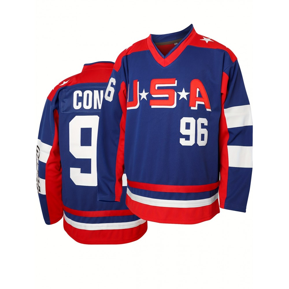 Men's #96 Blue & Red USA Hockey Jersey - V-Neck, Long Sleeve,, Lightweight Polyester Captain's Sweatshirt with Striped Accents for Team Sports, Casual Wear & More