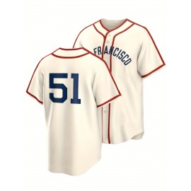 Men's Retro Classic Baseball Jersey #51 - Beige with Red & Blue Accents, Embroidered San Francisco & Number, Breathable V-Neck Button-Up Loose Fit for Training, Competition, Casual & Holiday Wear, Sports Apparel | Sporty Vneck | Embroidered Detailing