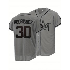 Men's Grey #30 Baseball Jersey - Breathable Button-Up V-Neck Shirt with 