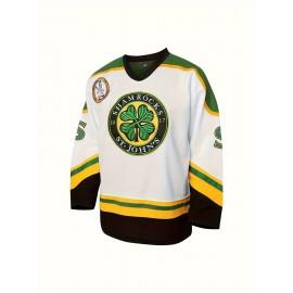 #3 White Clover Embroidered Men's Retro Color Block Long Sleeved Loose V-neck Ice Hockey Jersey, Men's Sports Party Sweatshirt