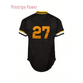 Men'S # 27 Black Retro Baseball Shirt - Breathable And Comfortable Polyester Fiber V-Neck Button Sports Shirt S-3XL Perfect For Team Training And Casual Wearing