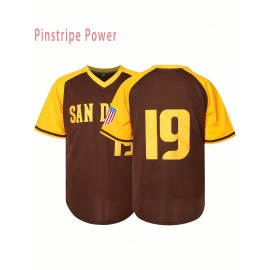 Men's San Diego Letter & Number 19 Baseball Sweatshirt - Brown V-Neck Polyester Pullover, Loose Fit for Casual Team Sports, Outdoor Activities & Parties (Sizes S-3XL), Sports Pullover | Sporty Design | Durable Sportswear