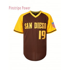 Men's San Diego Letter & Number 19 Baseball Sweatshirt - Brown V-Neck Polyester Pullover, Loose Fit for Casual Team Sports, Outdoor Activities & Parties (Sizes S-3XL), Sports Pullover | Sporty Design | Durable Sportswear