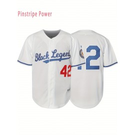 Men's #42 White Embroidered Baseball Shirt - Breathable Polyester V-Neck Button-Up, Loose Fit for Casual Training, Hiking, Cycling, Fishing & Team Sports | Spring Summer Fall Wear