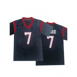 Men'S Blue #7 V-Neck Rugby Shirt, Breathable Polyester Sports Top, Classic Embroidered American Football Jersey, Loose Fit for Training, Running, Hiking & Outdoor Activities, All-Season Wear