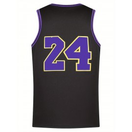 Men'S Stylish Comfy Basketball Top, Classic Letter & Number 24 Embroidered Sleeveless Breathable Tank Top