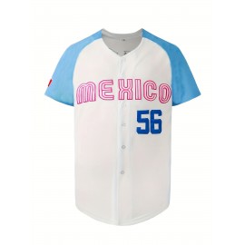 Men'S Retro MEXICO #56 Embroidery Design Short Sleeve V-neck Loose Button Up Shirt, Men'S Summer Baseball Jersey