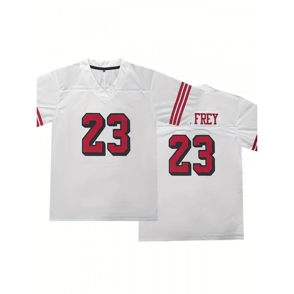 Men's White #23 Breathable Rugby Shirt - Embroidered American Football Design, V-Neck Short Sleeve Training Top with Red Accents, Loose Fit for Sports, Casual & Outdoor Activities, Rugby Jersey