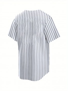 Men'S White Striped Baseball Shirt with Classic Letter Embroidery Design, Breathable Button Style Short Sleeved Shirt, Suitable for Training And Competition