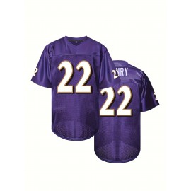 Men's Purple #22 Breathable American Rugby Shirt - Embroidered V-Neck Short Sleeve Training Top, Loose Fit All-Season Sportswear for Outdoor Activities, Casual Wear & Team Sports, Embroidered Detailing