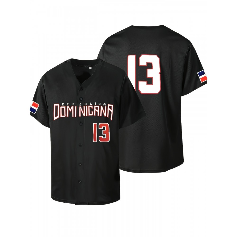 Men's Dominican #13 Baseball Jersey - Classic Retro Black with Colorful Flag & Bold Letter Embroidery, Breathable Polyester V-Neck Short Sleeve, Loose Fit Button-Up Shirt for Training, Competition, Casual & Holiday Events, Detailing