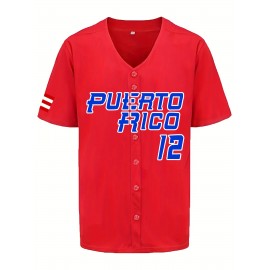 Men's PUERTO RICO Red #12 Baseball Jersey - Retro V-Neck Breathable Short Sleeve Shirt, Loose Fit for Training, Competition & Casual Wear, All-Season Comfort, Puerto Rico Shirt, Sports Apparel, Sporty Vneck Tee, Machine Washable Fabric
