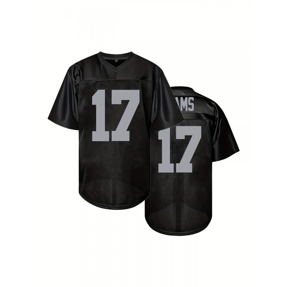 Men'S Black #17 Breathable Rugby Jersey, Sports V-Neck Short Sleeve Training Shirt, Classic Embroidered American Football Style, Loose Fit for Adult, All-Season Wear, Casual Events, Festive Occasions, and Team Sport