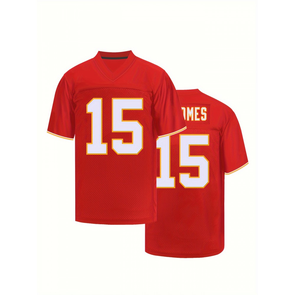 Men's Red #15 Breathable Rugby Jersey - V-Neck Short Sleeve Embroidered American Football Shirt, Loose Fit All-Season Training Top for Sports, Casual & Outdoor Activities, Athletic Wear, Bold Lettering, Reinforced Seams, Sports Apparel, Active Men