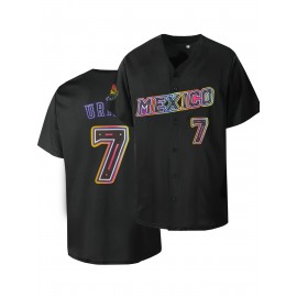 Men'S Mexico #7 Black Baseball Jersey, 100% Polyester Knit Fabric, V-Neck Short Sleeve T-Shirt with Embroidered Letter and Number Design, Breathable Loose Fit for Sports, Casual, Party, Outdoor Activities - Universal Fit