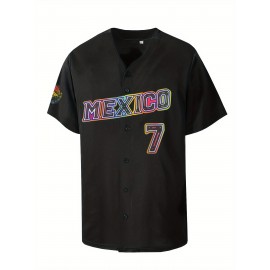 Men'S Mexico #7 Black Baseball Jersey, 100% Polyester Knit Fabric, V-Neck Short Sleeve T-Shirt with Embroidered Letter and Number Design, Breathable Loose Fit for Sports, Casual, Party, Outdoor Activities - Universal Fit