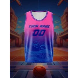 [Loose Basketball Jersey] Custom Sleeveless Basketball Jersey Shirt, Loose & Breathable | Boys Personalized Ocean Waves Pattern Top For Sports & Exercise