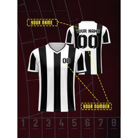 [Custom Football Jersey] Customizable Breathable 2024 Kids' V-Neck Football Jersey | Black & White Stripes with Full-Body Print for Soccer, Sports & Casual Wear - Machine Washable, Spring/Fall, Sports Team Apparel, Comfortable Fit Shirt