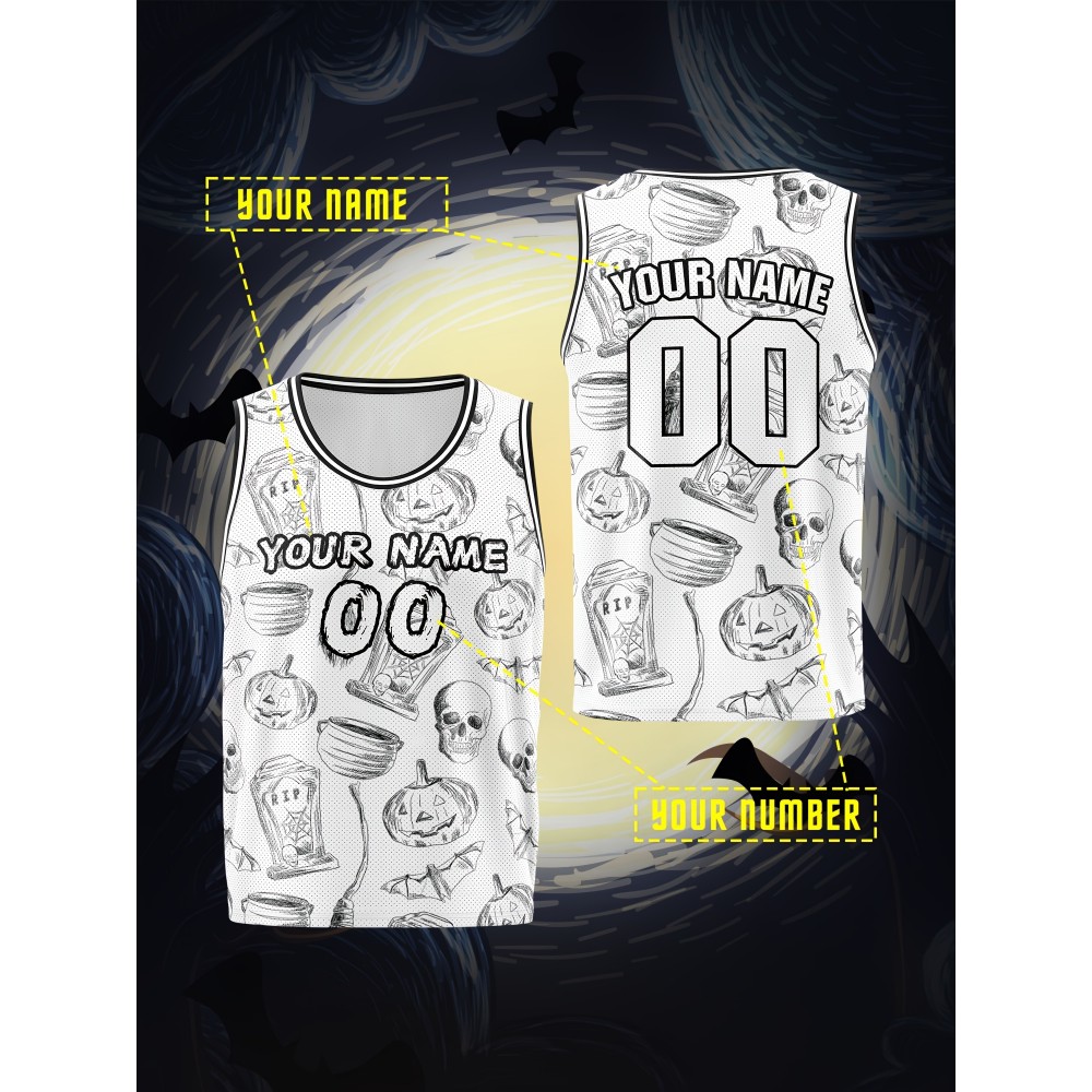 1pc Customizable Kids Sports Tank Top with Name and Number, Halloween Themed Basketball Jersey, Breathable Polyester Knit Fabric, Casual & Athletic Vest, with Unisex Youth Athletic Wear for Running, Training, Outdoor Activities