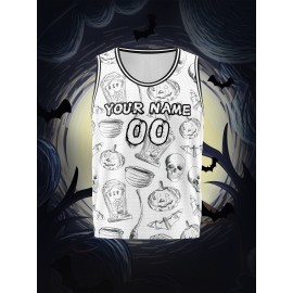 1pc Customizable Kids Sports Tank Top with Name and Number, Halloween Themed Basketball Jersey, Breathable Polyester Knit Fabric, Casual & Athletic Vest, with Unisex Youth Athletic Wear for Running, Training, Outdoor Activities