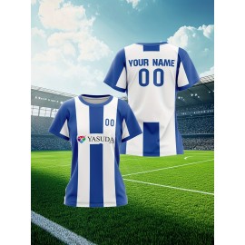Customizable Women'S Soccer Jersey - Personalized Team & Number, Breathable Quick-Dry Athletic Shirt for Training, Fitness, and Casual Wear, Blue & White Striped Design with YASUDA Logo, Soccer Accessories, PLUS SIZE