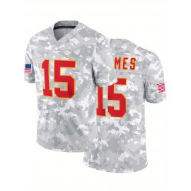 Men's #15 Retro Grey Camo Sport Jersey - Breathable V-Neck Short Sleeve with USA Flag Patch & MES, Loose Fit for Training, Casual Wear, Outdoor Activities & Holidays, Comfortable Sports Apparel, Best for Christmas, Perfect for Thanksgiving