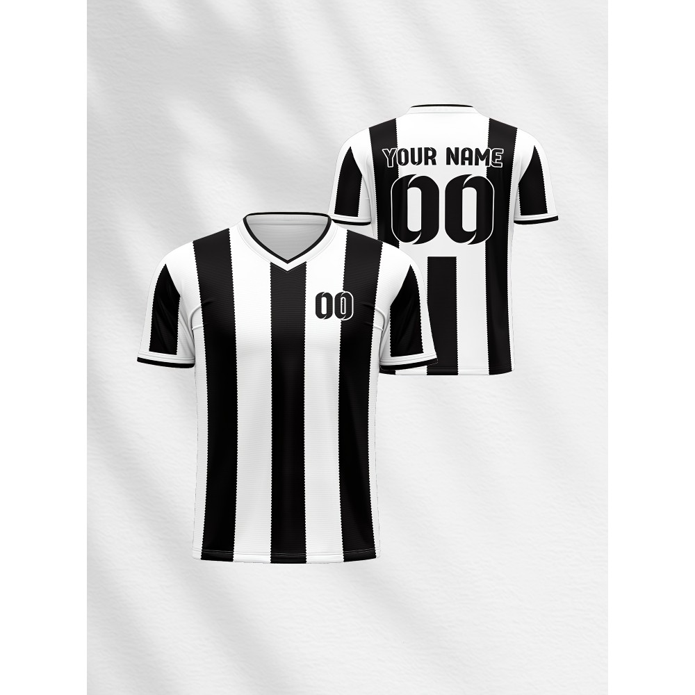 [Custom Football Jersey] Customizable Breathable 2024 Kids' V-Neck Football Jersey | Black & White Stripes with Full-Body Print for Soccer, Sports & Casual Wear - Machine Washable, Spring/Fall, Sports Team Apparel, Comfortable Fit Shirt