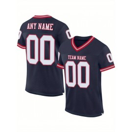 Customizable Plus Size Women'S Football Jersey - Personalized Team & Number, V-Neck, Breathable Non-Stretch Fabric, Red/White/Blue Striped Design for Sports & Casual Wear, Sports Jersey, Summer Sports Apparel, Sporty Aesthetic, Comfortable Fit